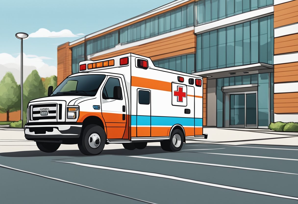 Uma ambulância estacionada do lado de fora de um hospital, com foco nas características do veículo e um símbolo de garantia.