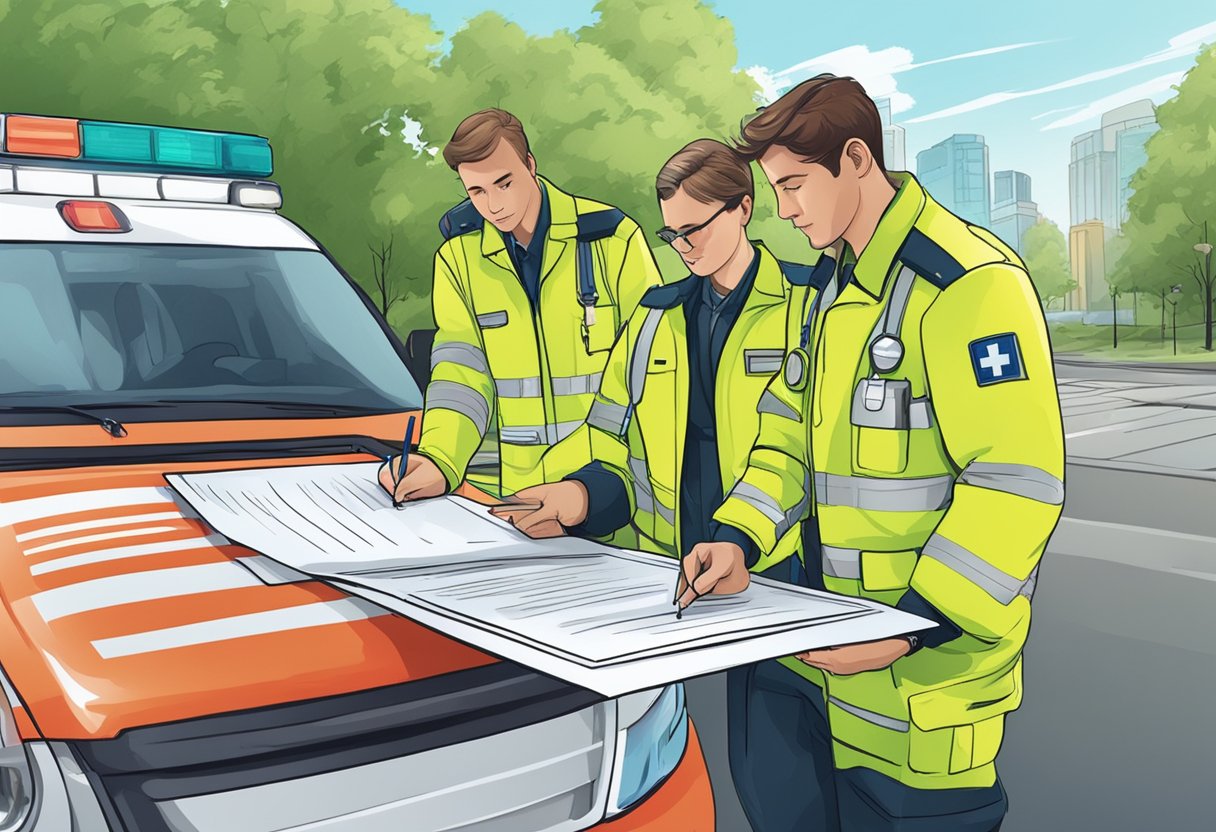 Uma pessoa assinando um contrato com um paramédico ao lado de uma ambulância