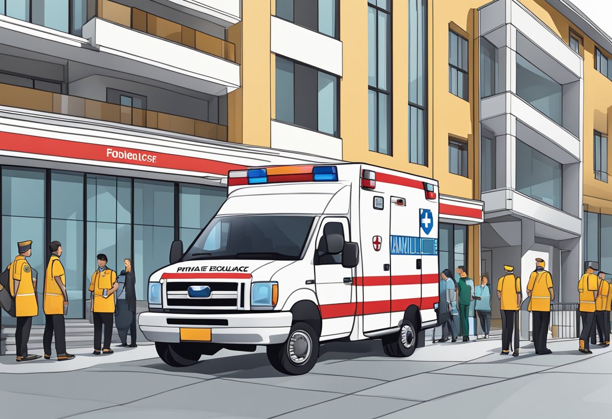 Uma ambulância particular estacionada do lado de fora de um prédio, com uma pessoa entregando documentos à equipe da ambulância.