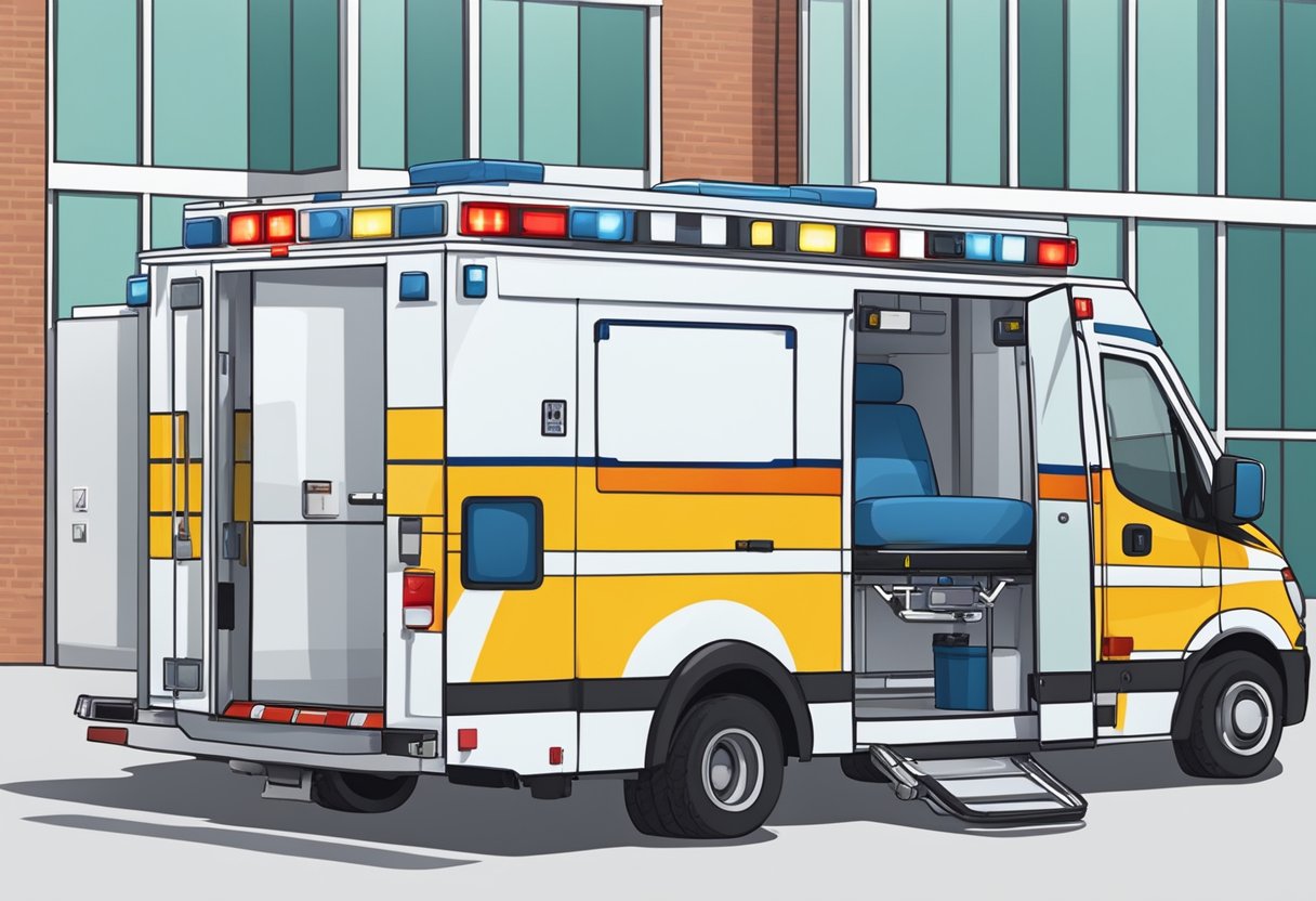Uma ambulância particular estacionada do lado de fora de um hospital, com suas luzes piscando e os paramédicos descarregando uma maca.