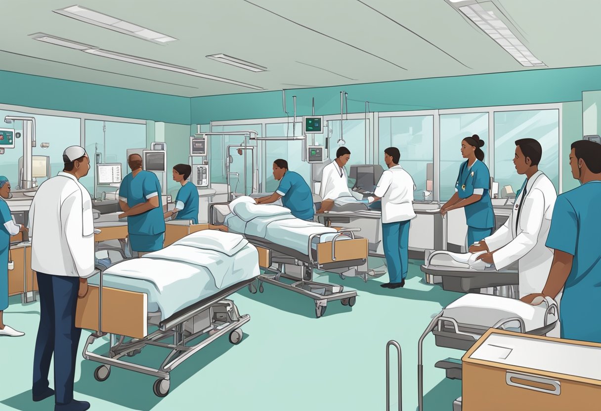 Uma sala de emergência de hospital movimentada com a equipe médica atendendo pacientes