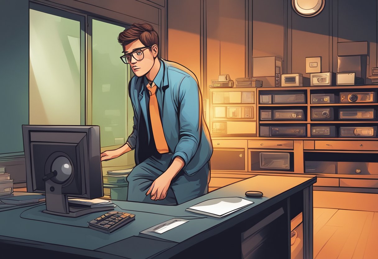 Uma pessoa percebendo sinais de alerta urgentes, como uma luz vermelha piscando e um alarme estrondoso em uma sala escura.