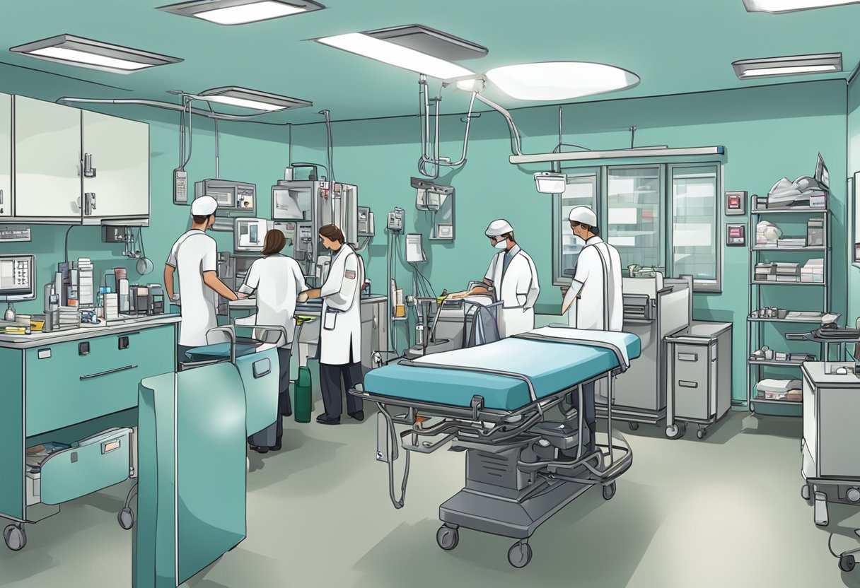 Uma sala de emergência movimentada com equipamentos médicos, macas e funcionários atendendo pacientes