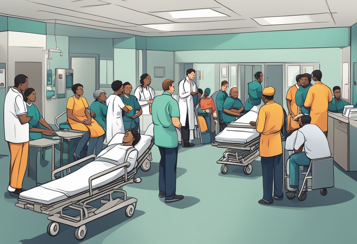 Uma sala de emergência movimentada com a equipe médica atendendo pacientes em macas e cadeiras de rodas, enquanto outros aguardam ansiosamente na área de espera lotada.