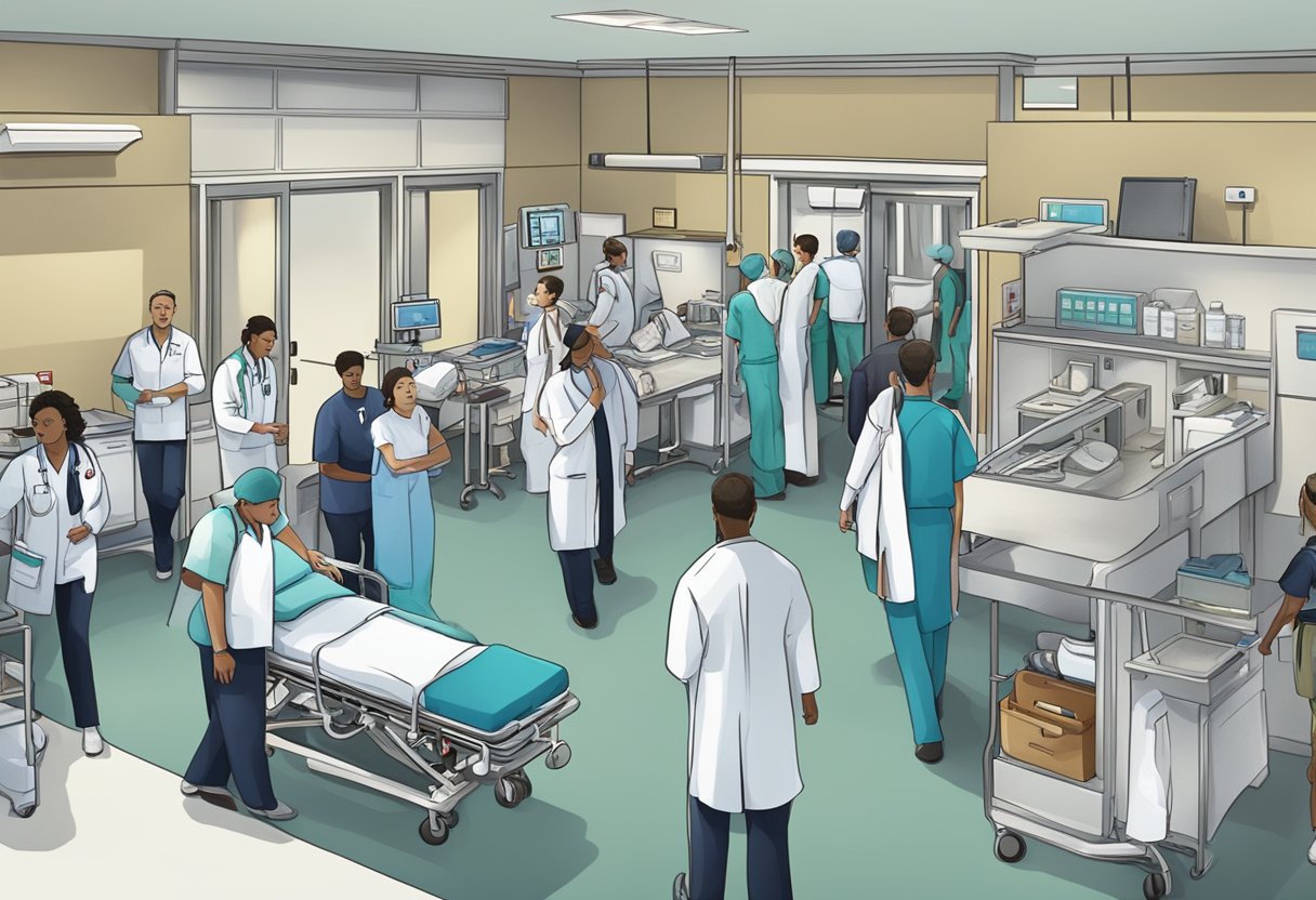 Uma sala de emergência movimentada, com a equipe médica atendendo pacientes, enquanto ambulâncias chegam e saem do lado de fora.