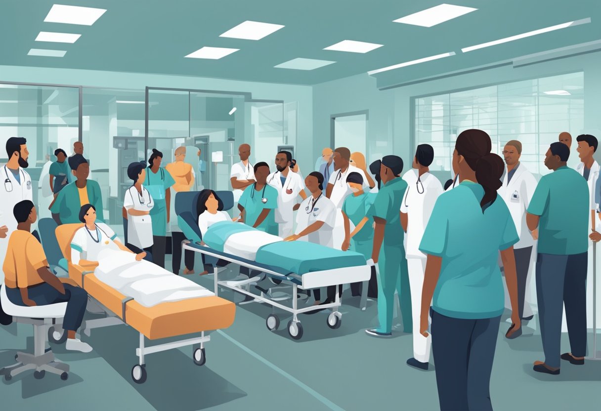 Uma sala de emergência lotada com a equipe médica atendendo pacientes em sofrimento