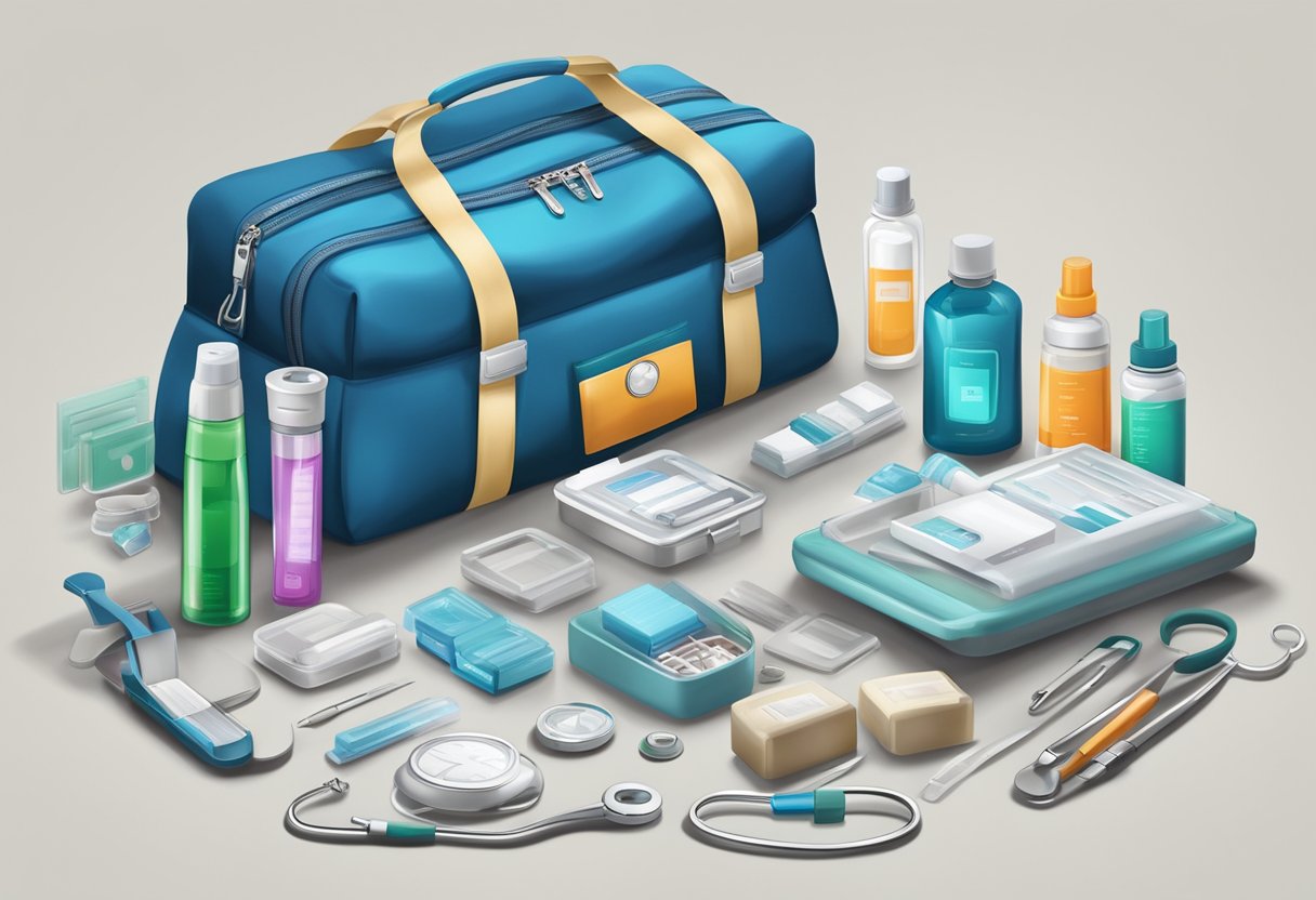 Um kit médico sendo rapidamente aberto e itens sendo organizados para atendimento urgente