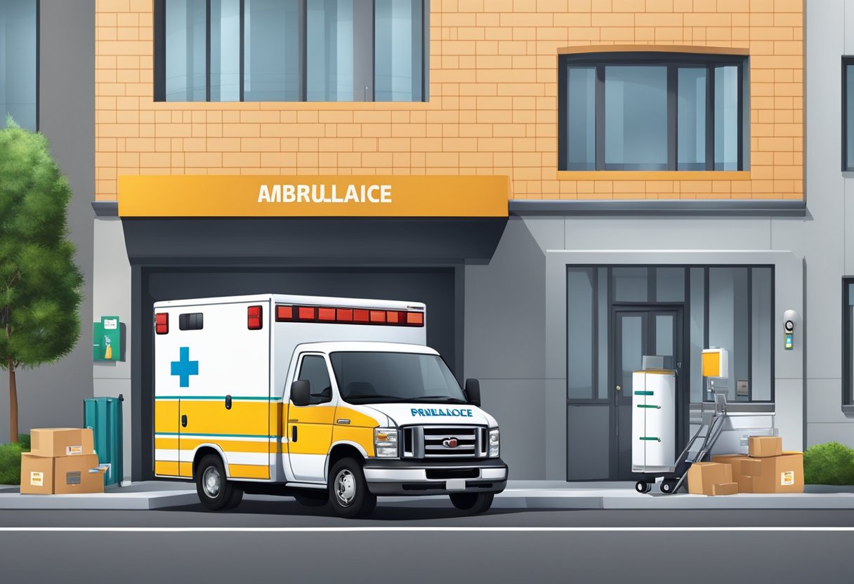 Uma ambulância estacionada em frente a um escritório de serviço de remoção privado, com funcionários descarregando equipamentos e suprimentos médicos.
