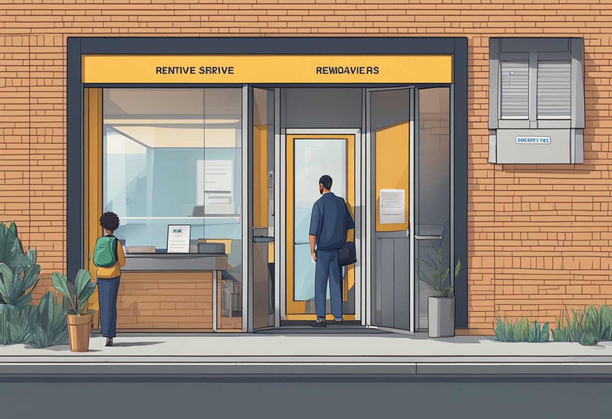 Uma pessoa espera do lado de fora de um escritório de serviço de remoção privado, sob uma placa brilhante. O escritório está aberto, com funcionários visíveis dentro.