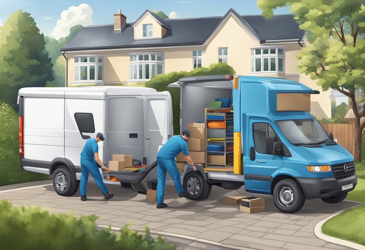 Uma van de serviço de remoção especializada estacionada do lado de fora de uma residência privada, com trabalhadores descarregando equipamentos e carregando itens no veículo.