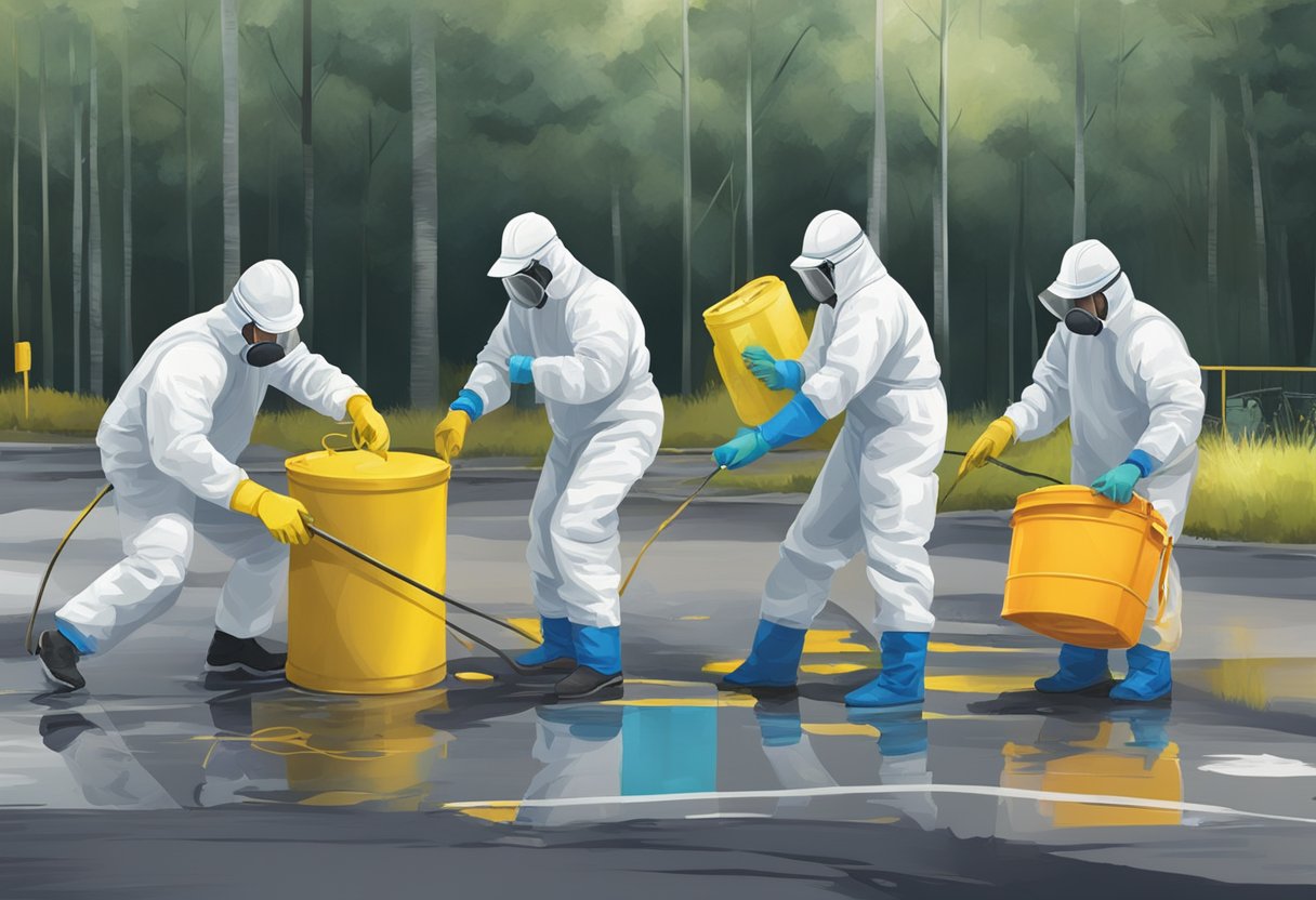 Uma equipe de trabalhadores com equipamentos de proteção removendo materiais perigosos de um local de derramamento, utilizando equipamentos especializados e seguindo protocolos de resposta a emergências.