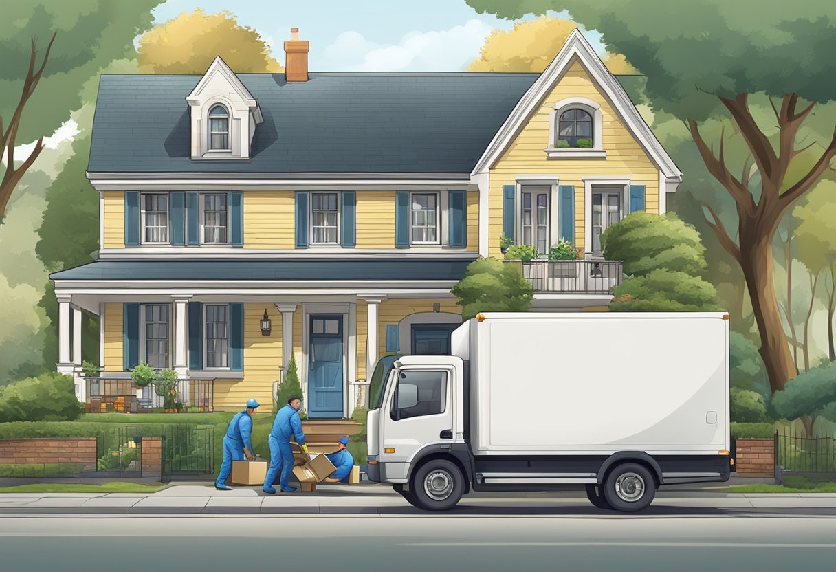 Um caminhão de mudança estacionado do lado de fora de uma casa, com trabalhadores carregando móveis e caixas.