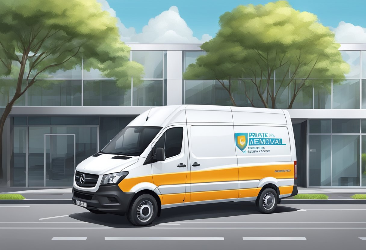 Uma van de serviço de remoção particular estacionada do lado de fora de um prédio moderno com uma aparência limpa e profissional.