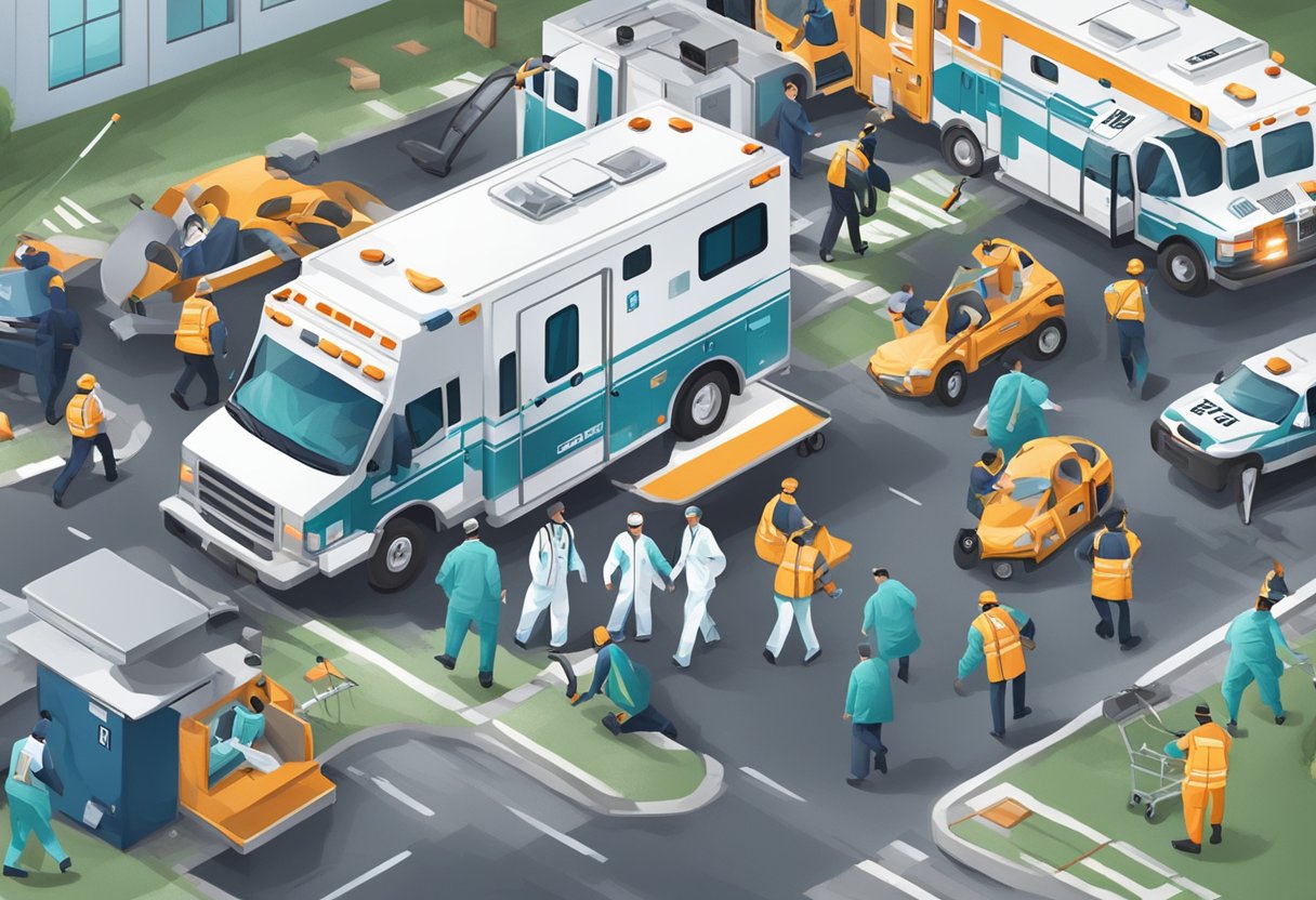 Uma equipe médica corre para atender um paciente em apuros, cercada por equipamentos de atendimento de emergência e veículos de emergência.