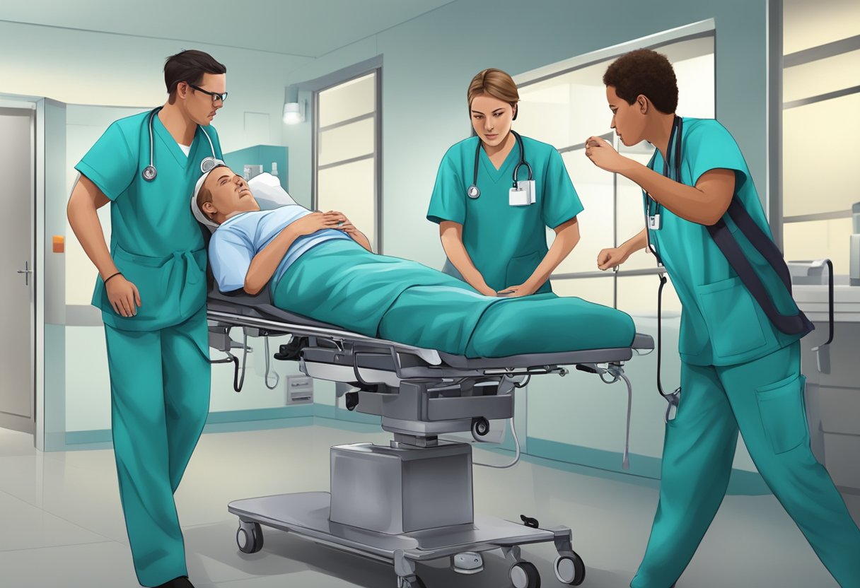 Uma equipe médica corre para ajudar um paciente em uma situação de emergência clínica.