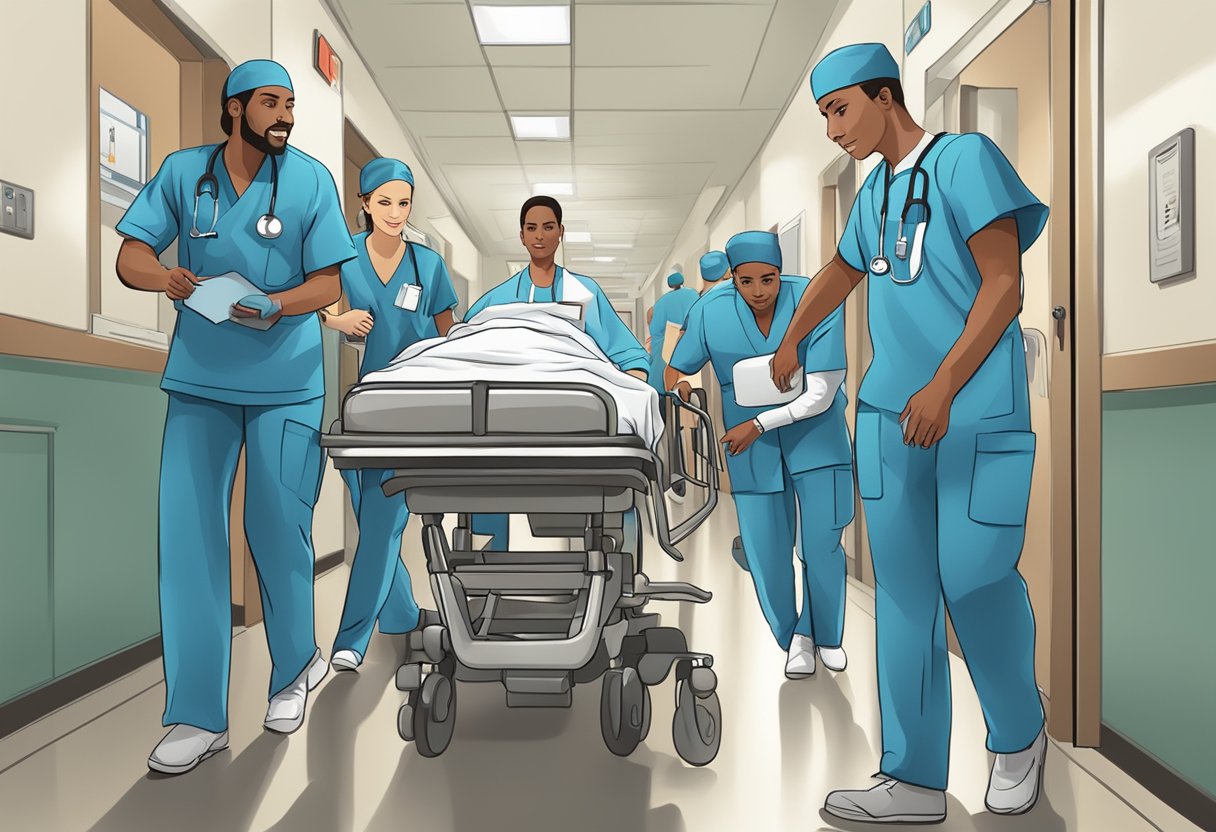 Uma equipe médica correndo para atender um paciente em uma sala de emergência hospitalar