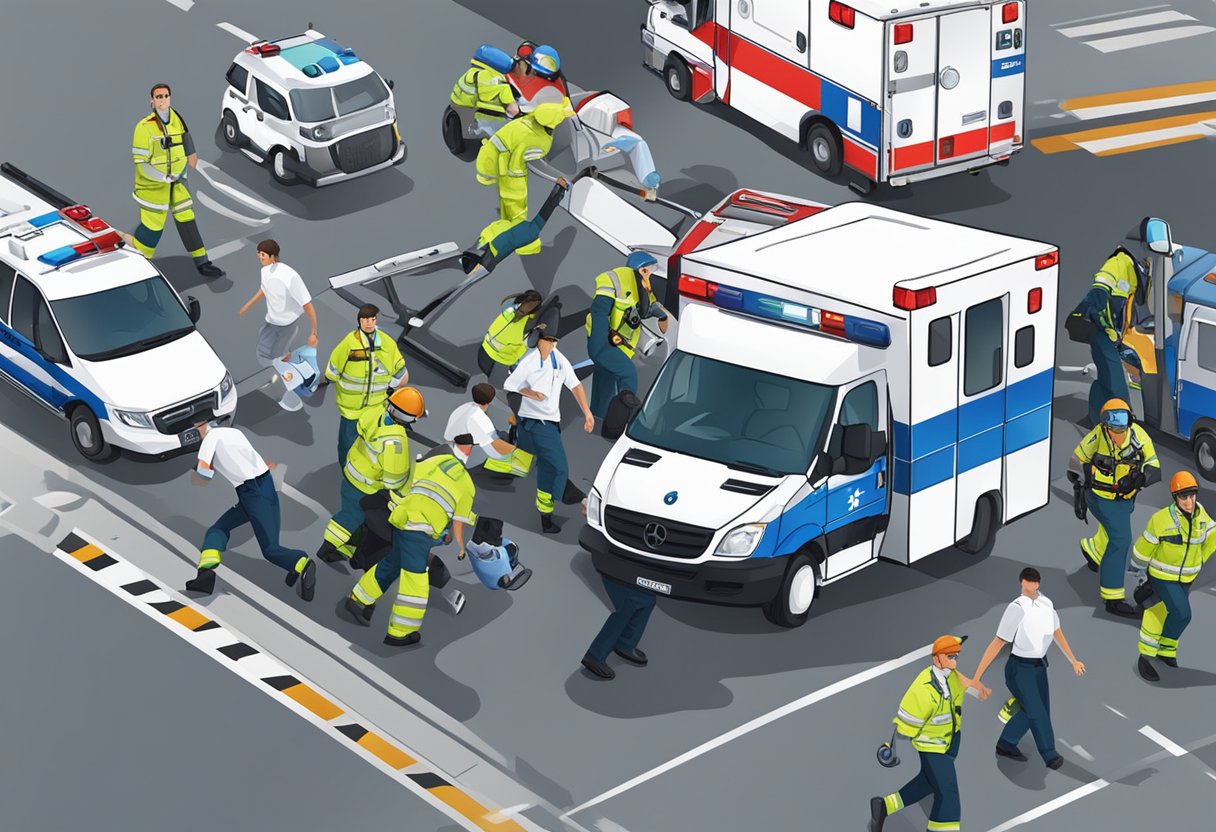 Um paramédico corre para ajudar um paciente em apuros, cercado por equipamentos médicos e veículos de emergência.