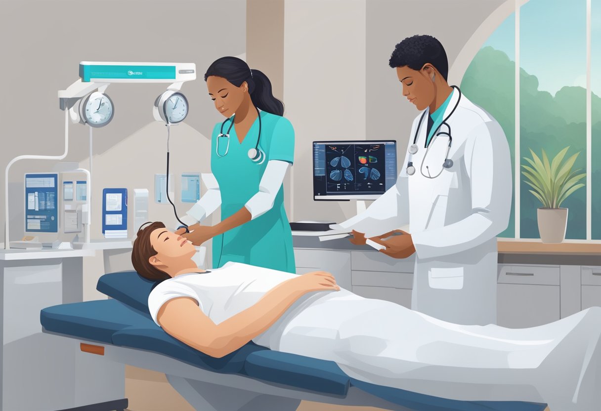 Um profissional de saúde fornecendo cuidados urgentes pós-iniciais, verificando sinais vitais e administrando tratamento em um ambiente de clínica bem equipada.