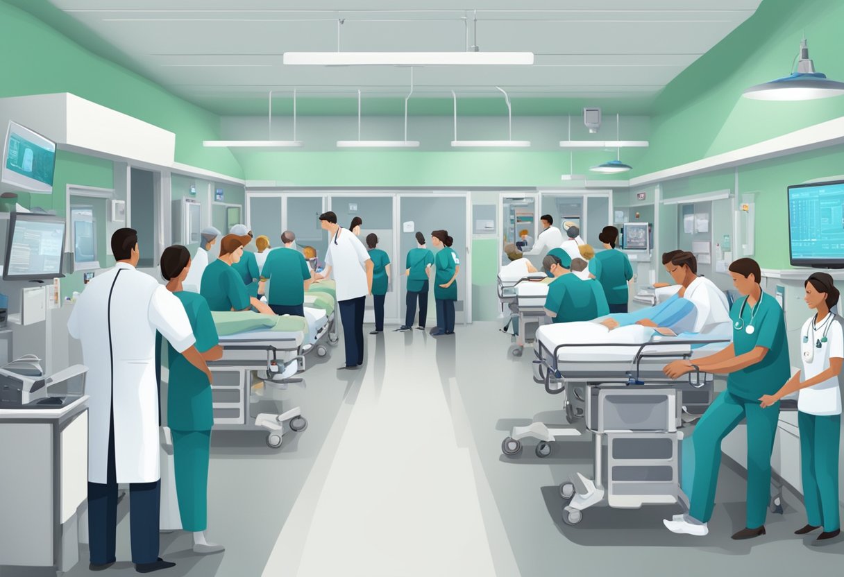 Uma sala de emergência movimentada com profissionais de saúde atendendo pacientes, equipamentos e monitores preenchendo o espaço.