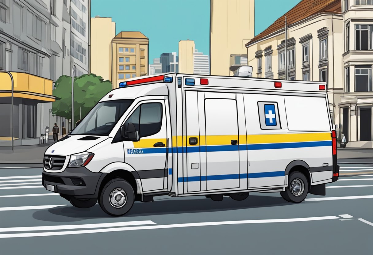 Uma ambulância particular estacionada em uma rua da cidade, com o panorama urbano de Curitiba ao fundo.