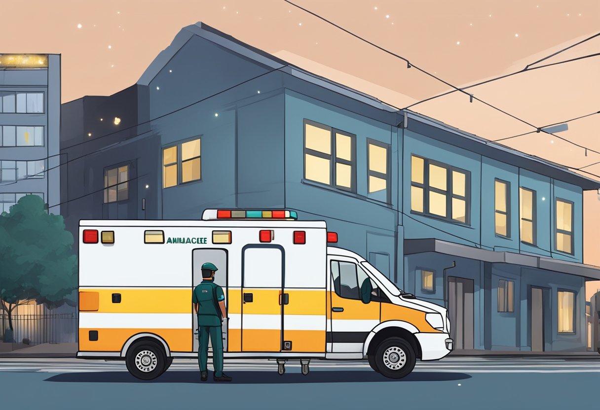 Uma ambulância particular estacionada do lado de fora de um prédio em Curitiba, com as luzes ligadas e os paramédicos atendendo a um paciente em uma maca.