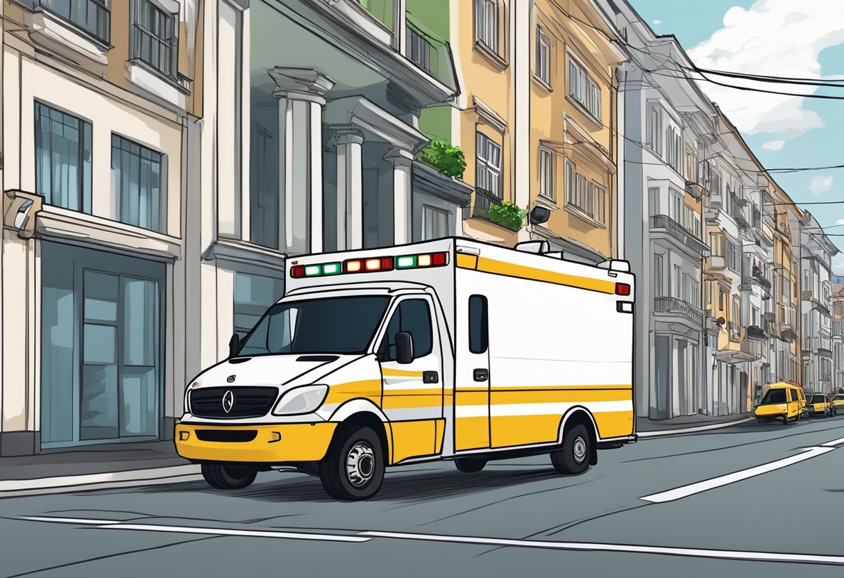 Uma ambulância particular correndo pelas ruas de Curitiba em resposta a uma emergência ou situação urgente.