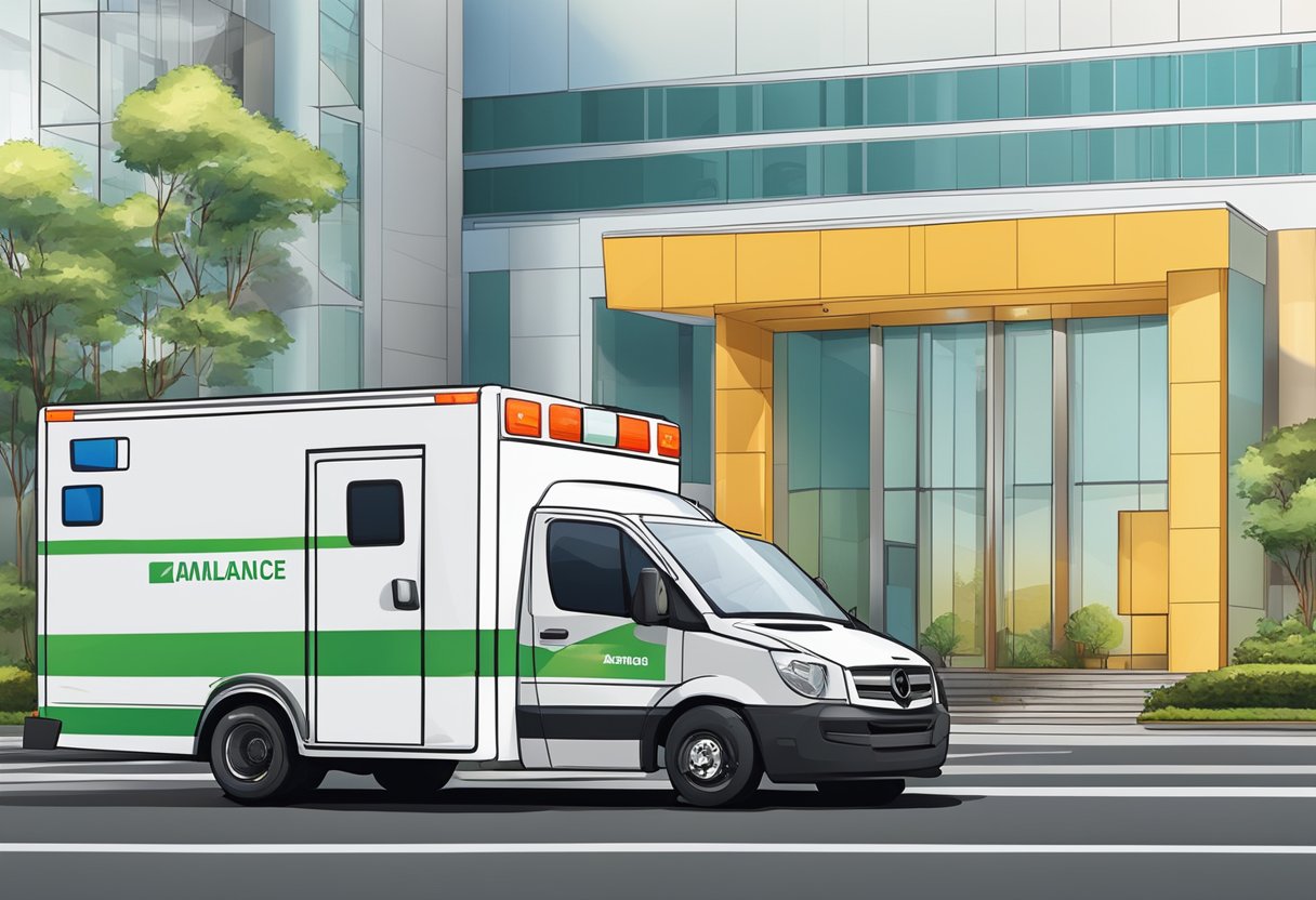 Uma ambulância brilhante e moderna estacionada em frente a um hospital em Curitiba, com informações de preços exibidas em uma placa próxima.