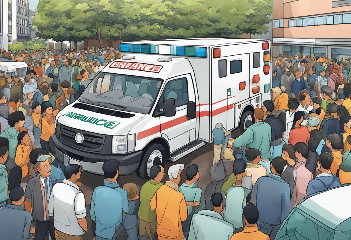 Uma ambulância estacionada do lado de fora de um local de evento lotado em Curitiba, cercada por uma sensação de urgência e importância.