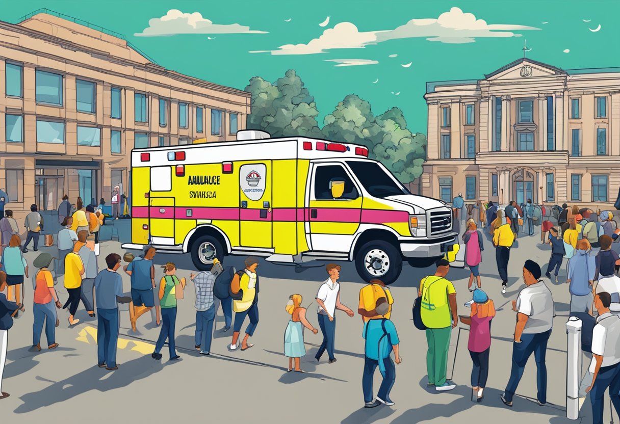 Uma ambulância estacionada do lado de fora de um local, com pessoas circulando e placas de evento ao fundo.