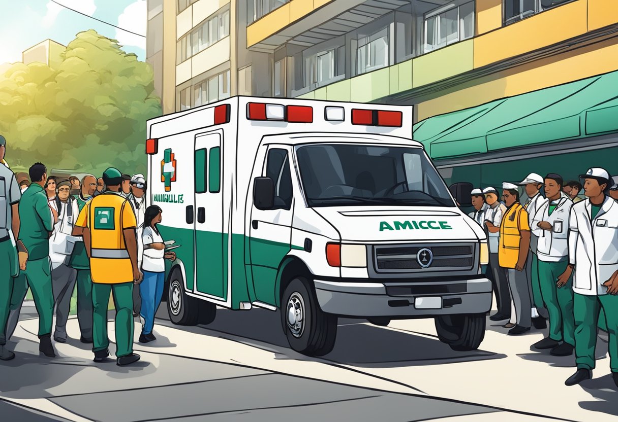 Uma ambulância estacionada do lado de fora de um local de evento lotado em Curitiba, Brasil, com pessoal médico e equipamentos prontos para emergências.