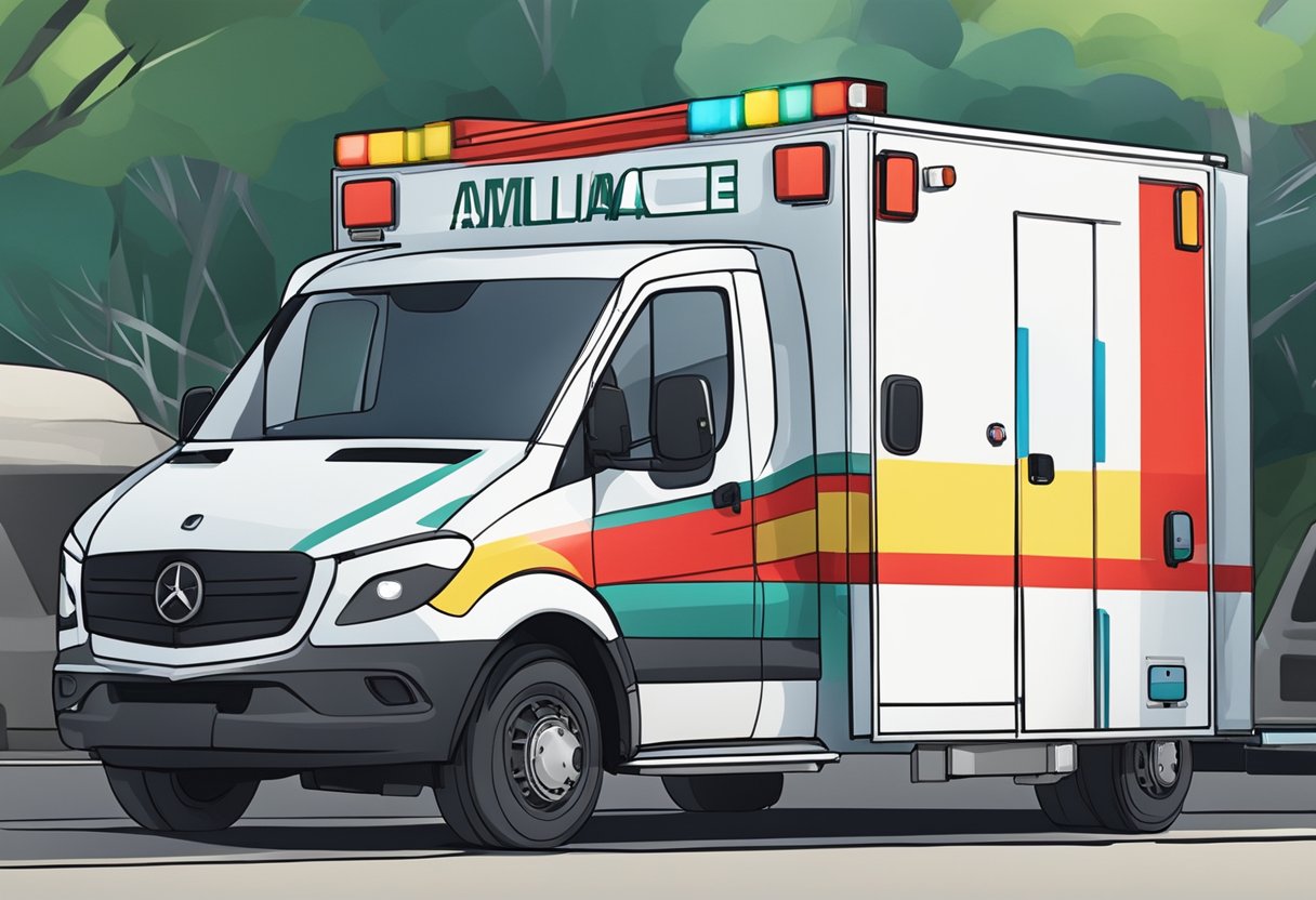 Uma ambulância estacionada em um evento ao ar livre em Curitiba, equipada com suprimentos médicos e uma maca visível através das portas traseiras abertas.