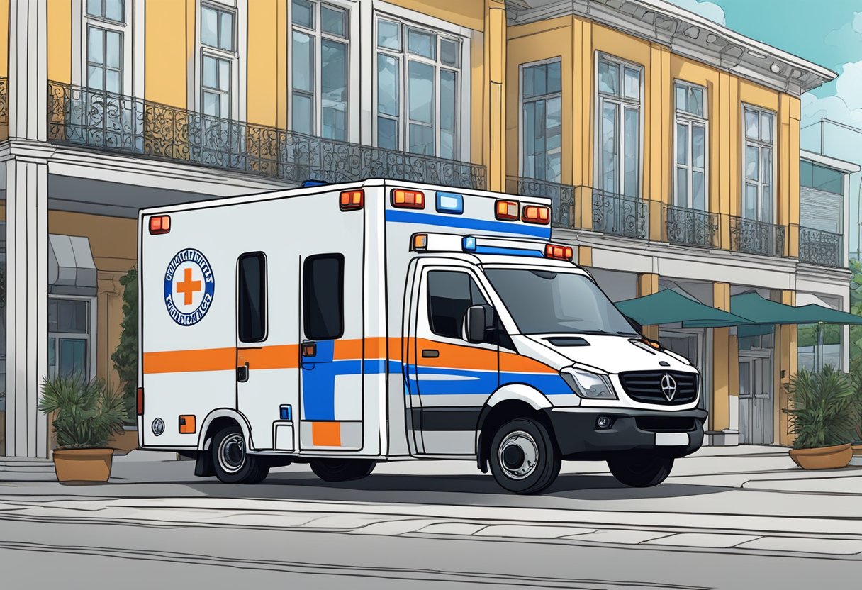 Uma ambulância estacionada do lado de fora de um local de eventos em Curitiba, com paramédicos e equipamentos especializados prontos para o serviço.