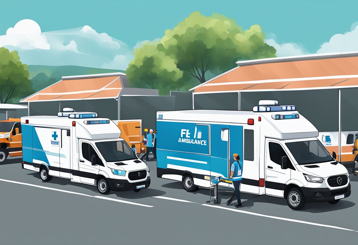 Uma frota de ambulâncias estacionadas em um local de evento ao ar livre em Curitiba, com suprimentos e equipamentos médicos sendo descarregados pela equipe.