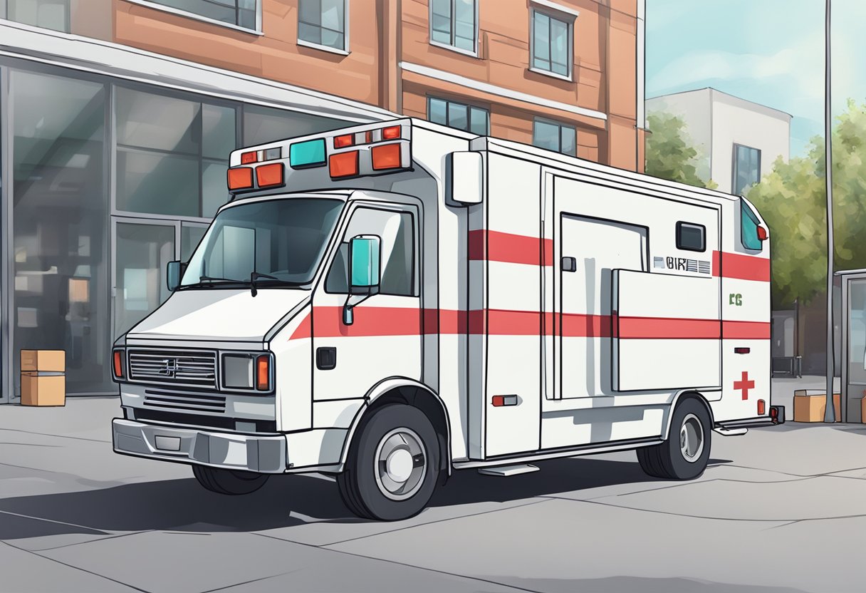 Uma ambulância totalmente equipada estacionada em um local de evento, com suprimentos e equipamentos médicos visíveis através das janelas.