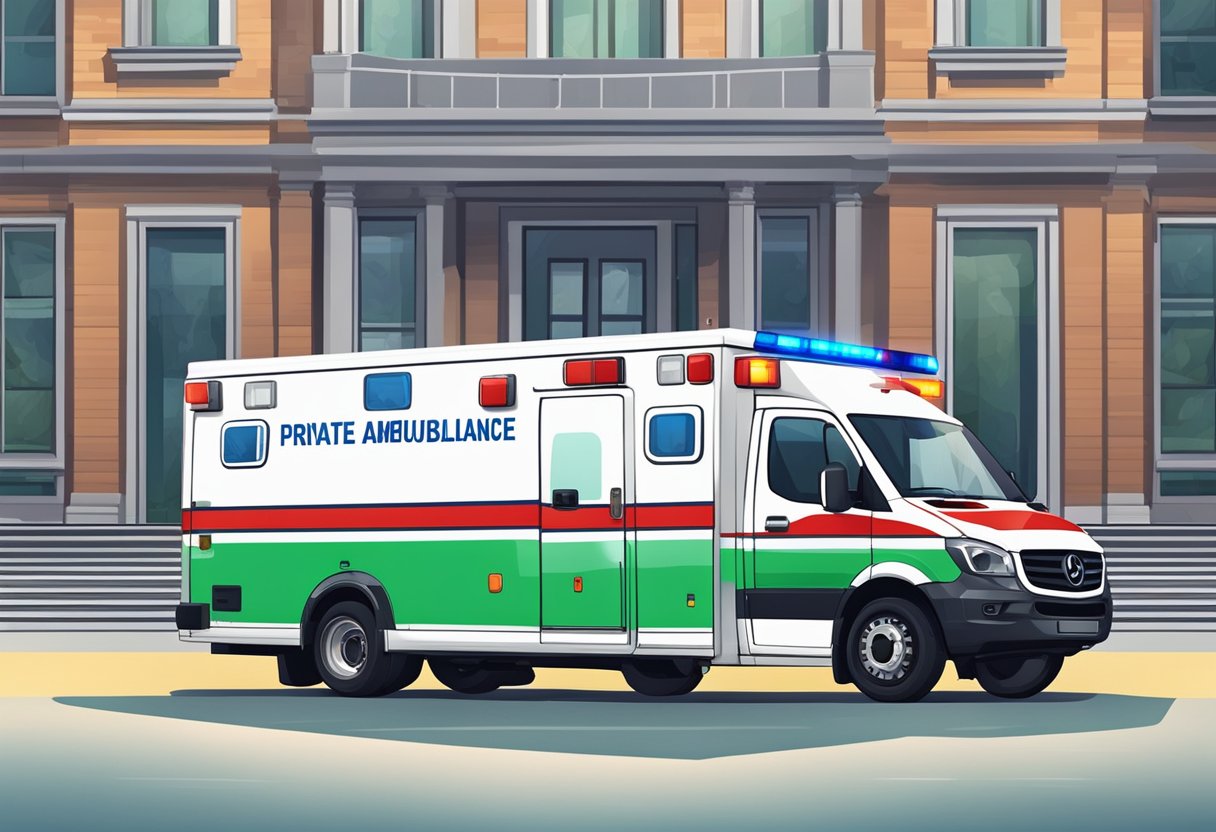 Ambulância para Remoção Particular: Solução Eficaz em Transporte Médico 1 Uma ambulância particular estacionada do lado de fora de um prédio, com suas luzes piscando e a maca visível através das portas traseiras abertas.