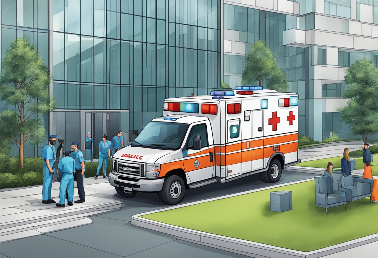 Ambulância para Remoção Particular: Solução Eficaz em Transporte Médico 3 Uma ambulância estacionada do lado de fora de um edifício corporativo, com paramédicos ajudando um paciente a entrar no veículo.