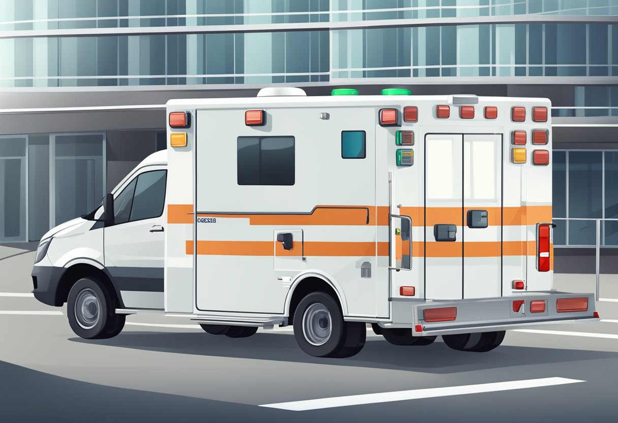 Ambulância para Remoção Particular: Solução Eficaz em Transporte Médico 5 Uma ambulância particular moderna e bem equipada estacionada do lado de fora de um hospital, com foco nas características de segurança e conforto para o transporte de pacientes.