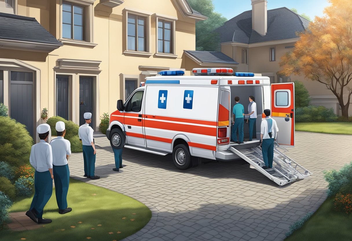 Ambulância para Remoção Particular: Solução Eficaz em Transporte Médico 6 Uma ambulância estacionada em frente a uma residência particular, com pessoal médico carregando uma maca no veículo.