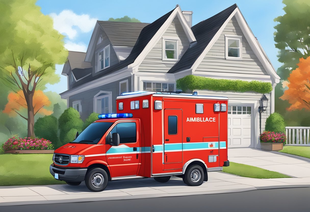 Ambulância para Remoção Particular: Solução Eficaz em Transporte Médico 8 Uma ambulância vermelha brilhante estacionada do lado de fora de uma residência particular, com um paramédico em pé nas proximidades discutindo planos de serviço e preços com um cliente.