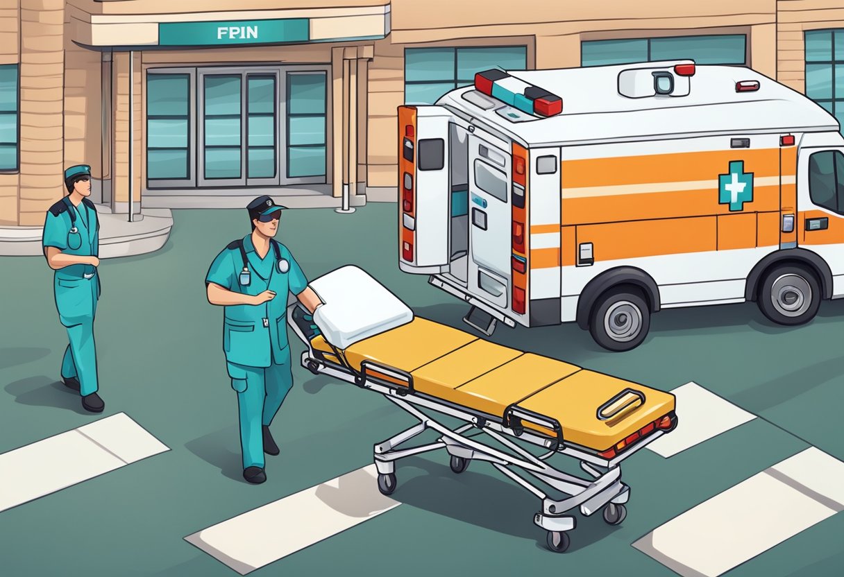 Uma ambulância com luzes piscando e um paramédico carregando uma maca para dentro de um hospital