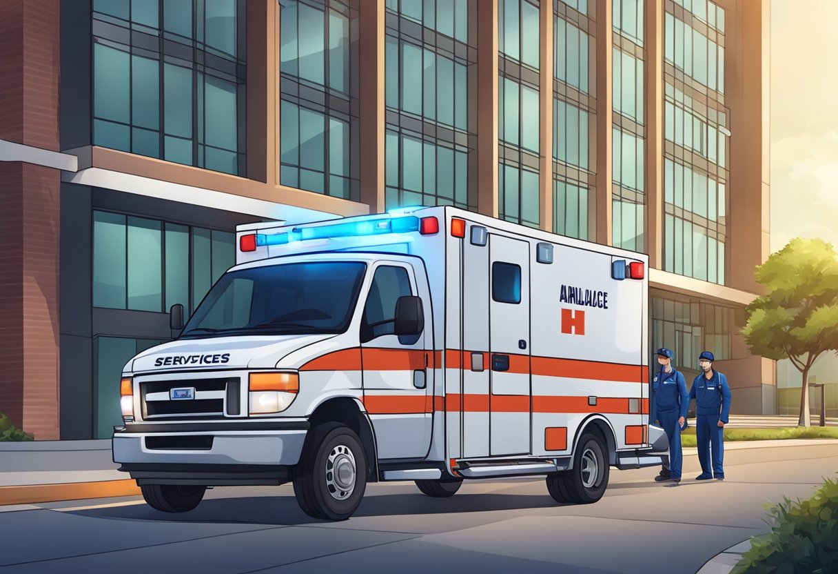 Uma ambulância com luzes piscando e uma maca estacionada do lado de fora de uma unidade médica, com paramédicos carregando equipamentos e uma placa exibindo os serviços disponíveis.