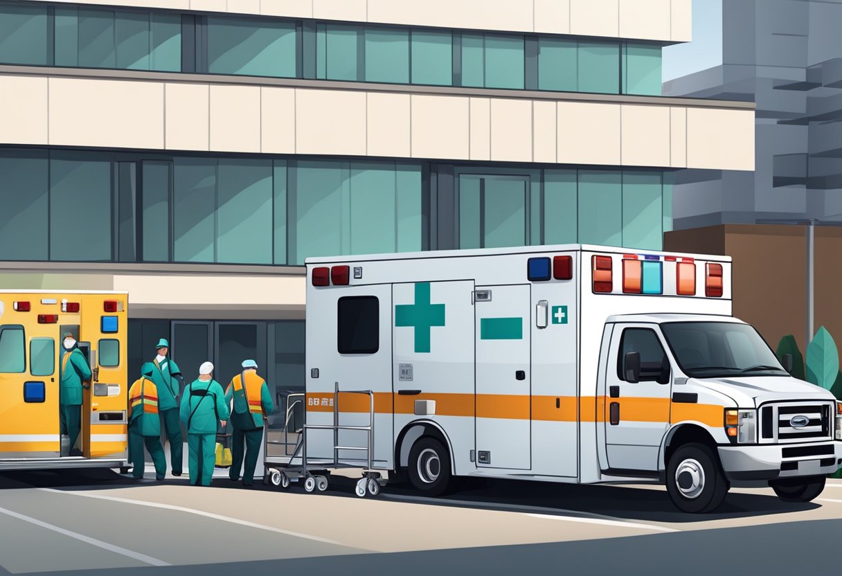 Uma ambulância estacionada em frente a um hospital, com paramédicos descarregando equipamentos médicos e se preparando para transportar um paciente.