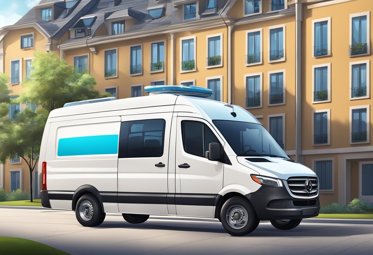 Transporte de Acamados: Segurança e Eficiência no Atendimento Domiciliar 1 Uma van de transporte médico especializado estacionada em frente a um prédio residencial, com um elevador hidráulico e equipamentos médicos visíveis através das janelas.