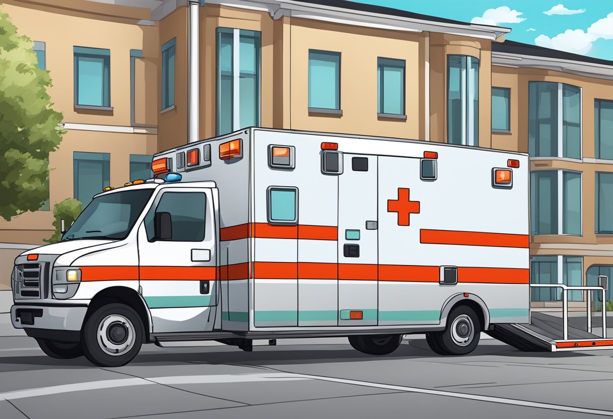 Transporte de Acamados: Segurança e Eficiência no Atendimento Domiciliar 3 Uma ambulância estacionada do lado de fora de um prédio, com uma rampa e elevador para transportar pacientes acamados.