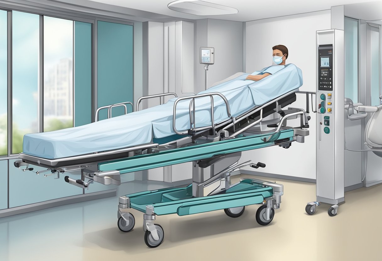 Transporte de Acamados: Segurança e Eficiência no Atendimento Domiciliar 4 Um veículo especialmente projetado com um elevador hidráulico está transferindo um paciente de uma cama de hospital para uma maca.