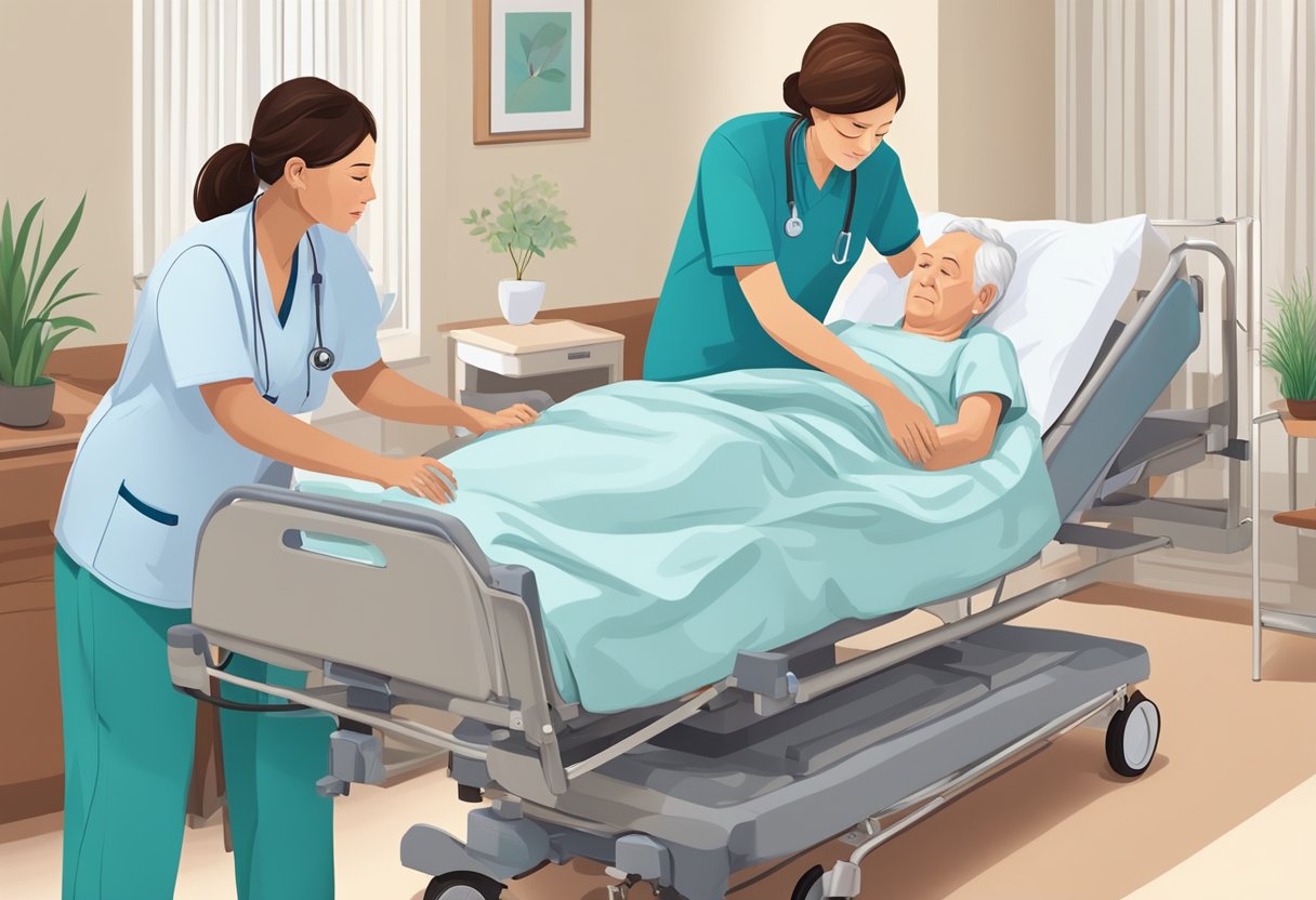 Transporte de Acamados: Segurança e Eficiência no Atendimento Domiciliar 5 Um cuidador ajuda gentilmente um paciente acamado a se posicionar de forma confortável após ser transportado, enquanto equipamentos e suprimentos médicos são organizados nas proximidades.