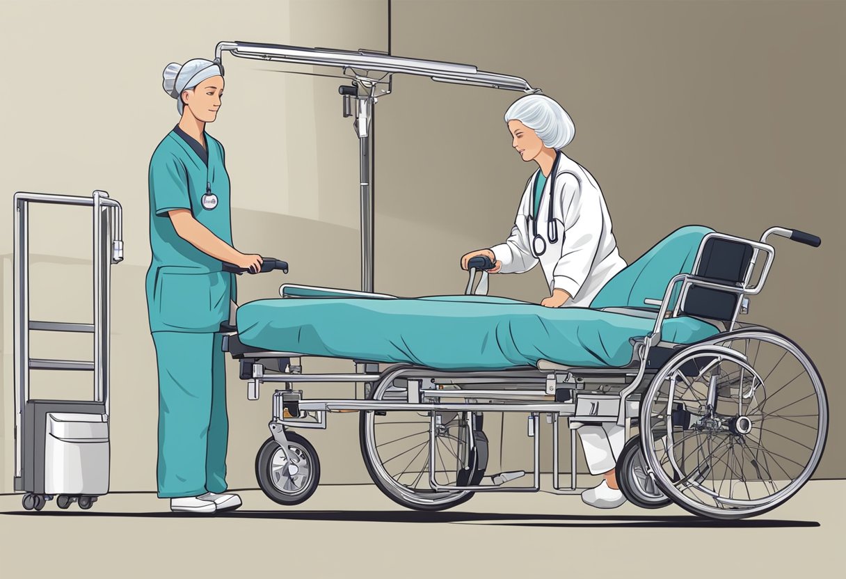 Transporte de Acamados: Segurança e Eficiência no Atendimento Domiciliar 6 Um veículo especializado com um elevador hidráulico auxilia no transporte de um paciente acamado, enquanto um cuidador oferece suporte e assistência.