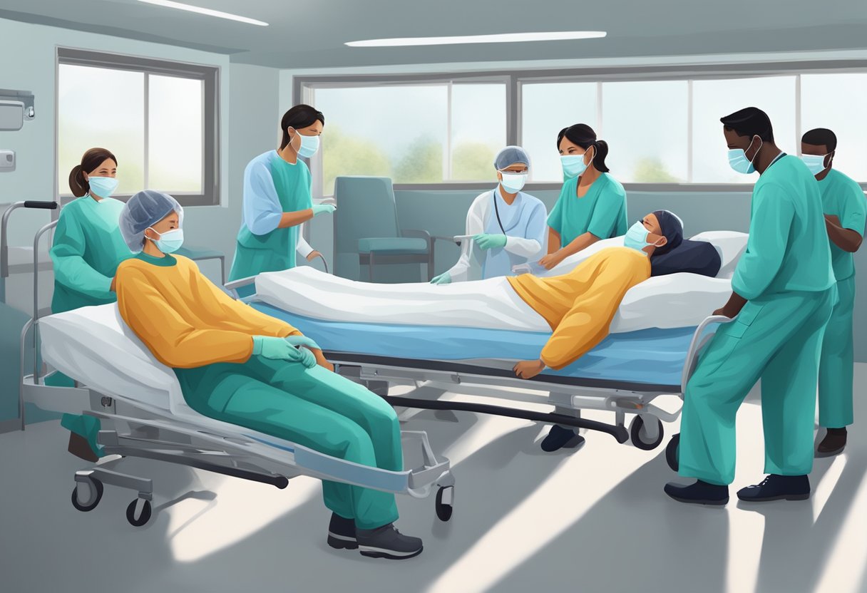 Transporte de Acamados: Segurança e Eficiência no Atendimento Domiciliar 7 Um grupo de profissionais passa por treinamento para transportar pacientes acamados, praticando técnicas adequadas e protocolos de segurança.