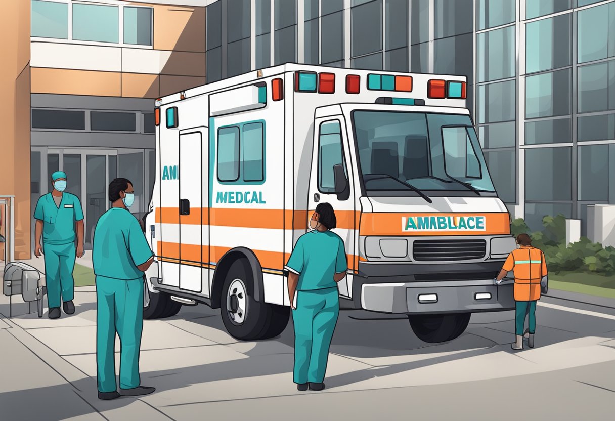 Transporte de Acamados: Segurança e Eficiência no Atendimento Domiciliar 8 Uma ambulância estacionada do lado de fora de um hospital, com a equipe médica ajudando um paciente em uma maca.