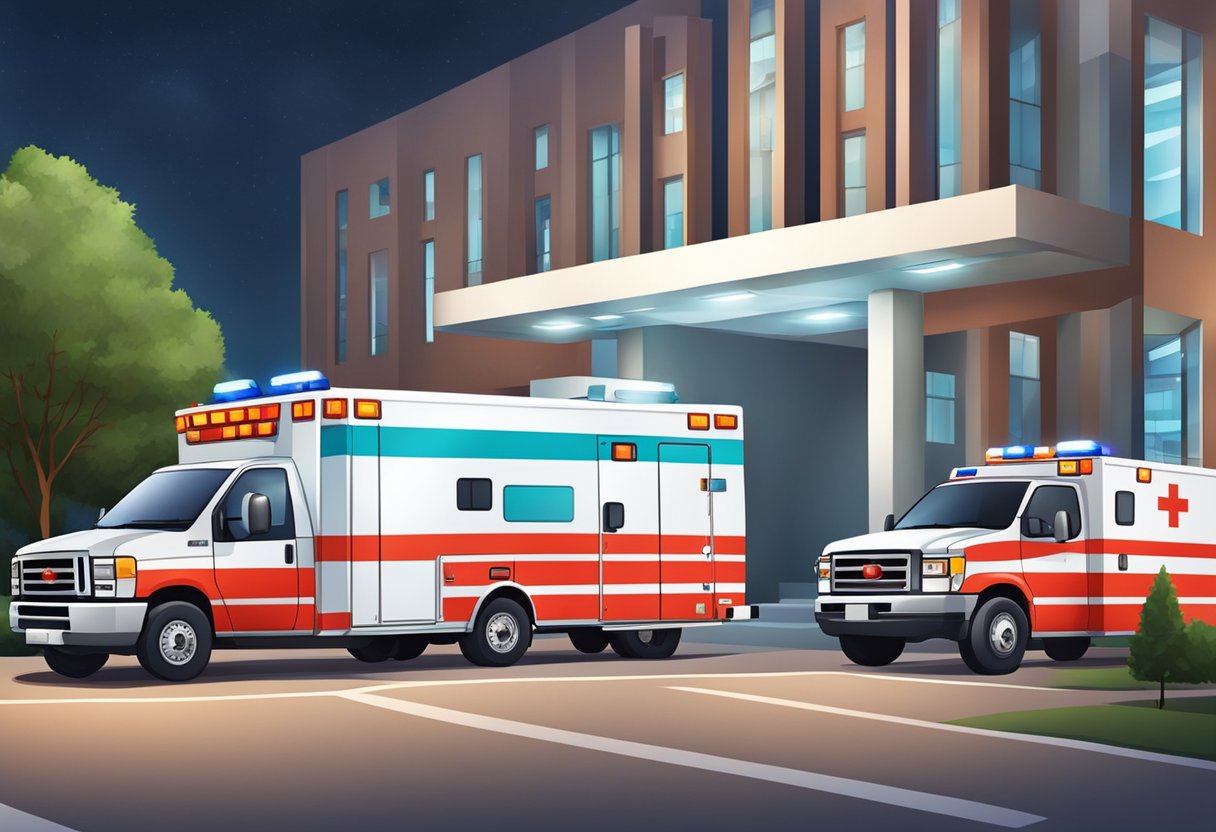 Uma ambulância particular estacionada do lado de fora de um hospital, com suas luzes piscando e os paramédicos se preparando para transportar um paciente.